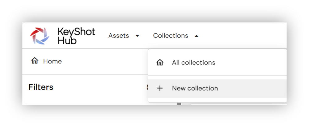 Context menu; creating a new collection in KeyShot Hub